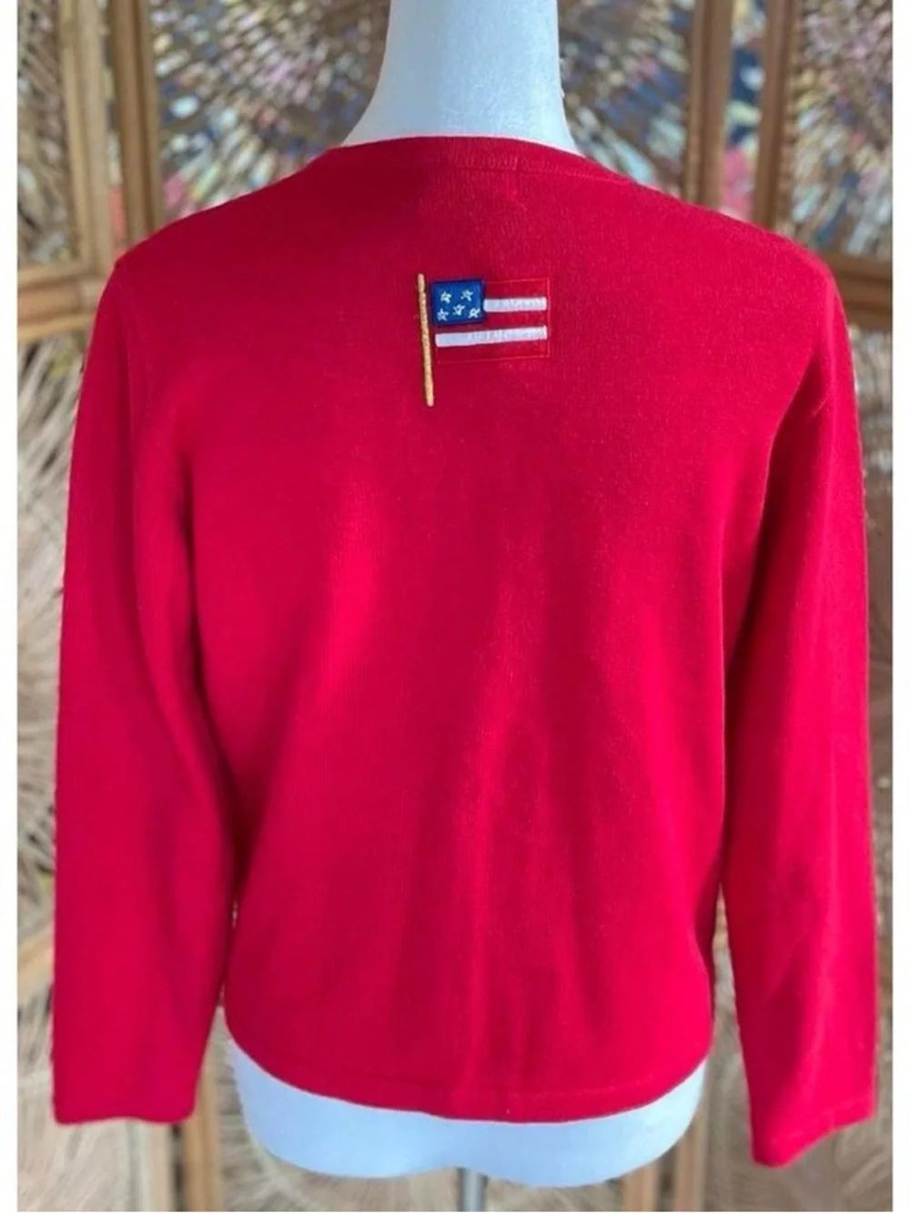 Vintage Berek Red Knit Embroidered Fourth of July Summer Patriotic Cardigan S